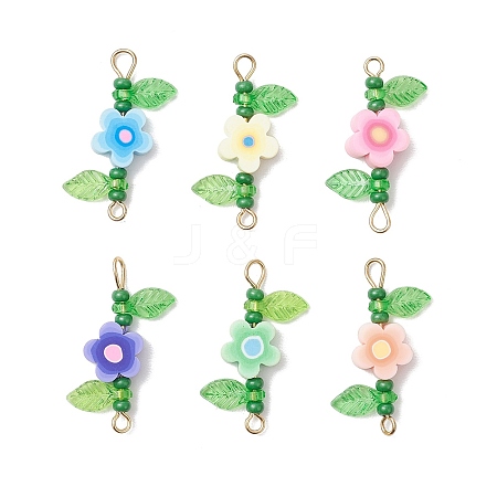 6Pcs 6 Styles Handmade Polymer Clay Flower & Glass Seed Beaded Connector Charms PALLOY-MZ00801-1