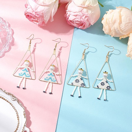 2Pair Girl with Triangle Brass Glass Seed Beads Dangle Earrings EJEW-MZ00453-1