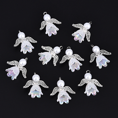 10Pcs Acrylic & Imitation Pearl Flower Angel Pendants PALLOY-YW00055-06-1
