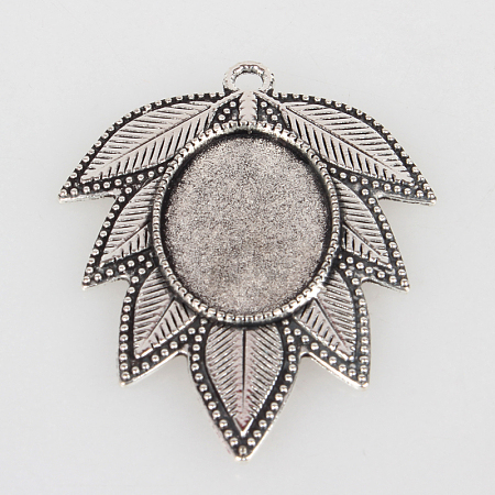 Tibetan Style Alloy Leaf Pendant Cabochon Settings TIBEP-N003-44AS-1