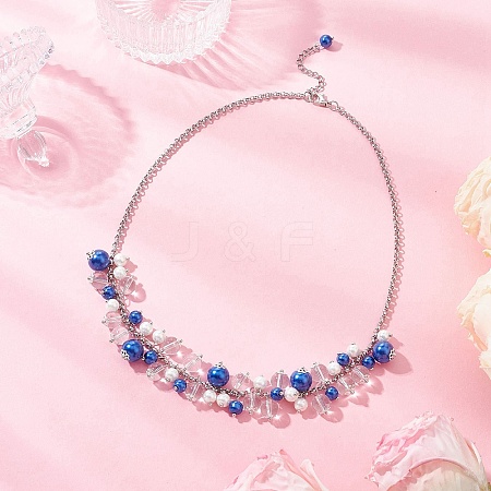 Round Glass Beaded Bib 304 Stainless Steel Rolo Chain Necklaces NJEW-JN05359-01-1