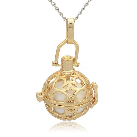 Golden Tone Brass Hollow Round Cage Pendants KK-J226-02G-1