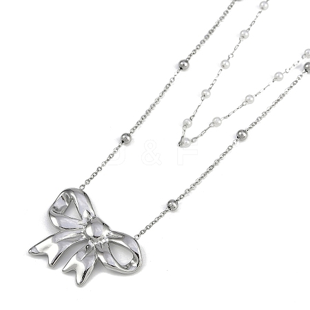 304 Stainless Steel & Plastic Imitation Pearl Double Layer Bowknot Pendant Necklaces NJEW-I129-03P-1