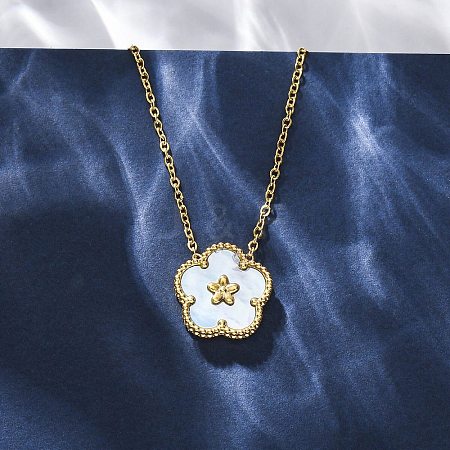 304 Stainless Steel Pave Natural Cornflower Blue Shell Flower Pendant Necklaces for Women NJEW-U032-16G-02-1